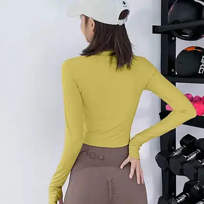 健身服女显瘦弹力紧身跑步半拉链瑜伽服长袖 速干训练服上衣 热卖 - 4