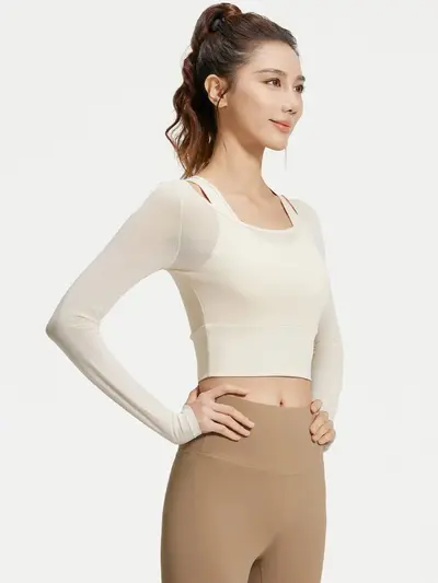 Women's Yoga Top, Fake Two-Piece, Chest Pads, Long Sleeve Mesh Pilates Wear - 5