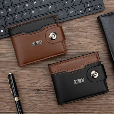 Men's Short Horizontal Leather Wallet with Magnetic Snap and Coin Pocket - 1
