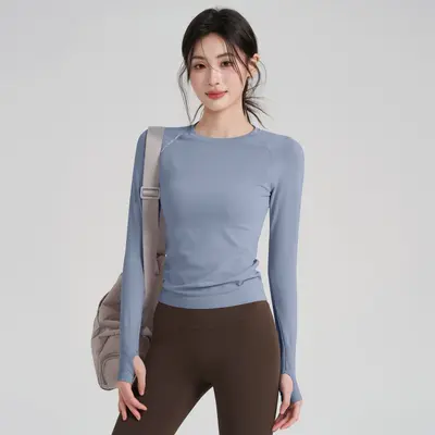 Women's Long Sleeve Yoga and Fitness Top, Round Neck