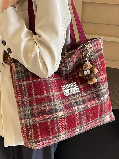 Large Capacity Plaid Bag 2026 New Autumn and Winter Woolen Plaid Shoulder Bag High-End Versatile Tote Bag