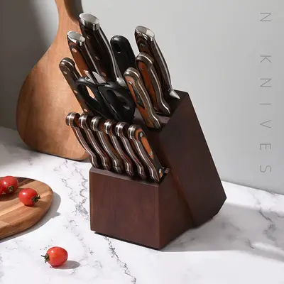 Grenzüberschreitendes Küchenmesser-Set mit Hammerschlag-Schmiedeoptik, Küchenchefmesser mit Holzgriff und Stahlklinge, 15-teiliges Messerset, Gemüsemesser, Fleischmesser