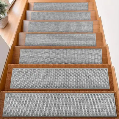 Self-Adhesive Stair Tread Mats, Non-Slip, Imitation Linen, Solid Wood Step Protector - 9