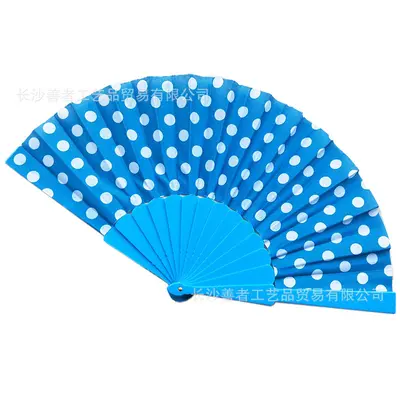 Single-Sided Fabric Polka Dot Folding Dance Fan with Plastic Ribs, White - 9