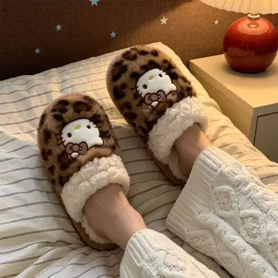 Leopard Print Kitty Fluffy Women's Slippers, Winter, Non-Slip Thick Sole - 3