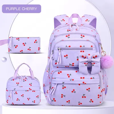 2026 Corduroy Three-Piece Backpack Set, Cherry Pattern, Large Capacity, Lightweight - 7