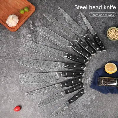 Küchenmesser-Set mit Damaszener-Muster, Santoku-Messer, schwarzer Holzgriff