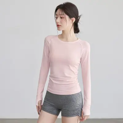 纯色新款瑜伽健身训练服圆领高弹普拉提骑行跑步瑜伽服女t恤批发 - 7