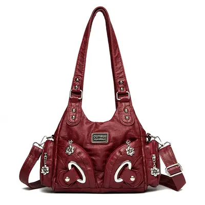 Soft Leather Retro Rivet Shoulder Bag, Large Capacity - 8