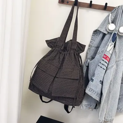 Large Capacity Lightweight Travel Backpack Plaid Drawstring Tote Bag - 10