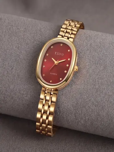 Sınırötesi Başarılı Kırmızı Kadran Altın Kadın Kuvars Saati Vintage Oval / Kare Kadın Saati Hafif Lüks Niş Tasarım - 9