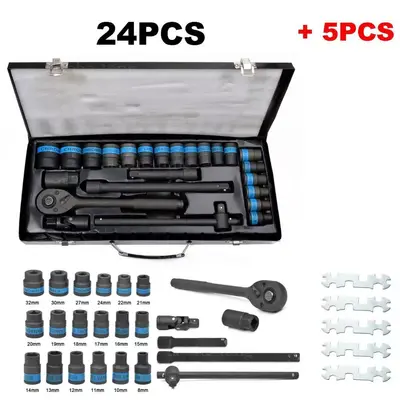 24-Piece Bow-Shaped F-Handle Socket Set with Metal Box, Auto Repair Tool Kit - 10
