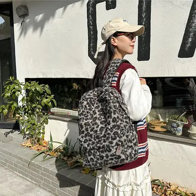 Retro Plush Leopard Print Backpack, Large Capacity School Bag - 4