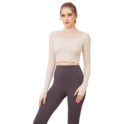 Women's Seamless Black Long Sleeve Short Crop Yoga Top, Autumn Winter - 6