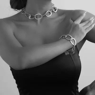 Punk-Style Interlocking Chain Necklace and Ring Bracelet Jewelry Set - 8