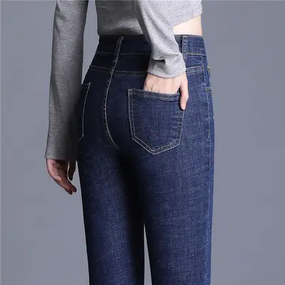 Damen-Jeans, Hochbund, Schwarz, Fleece-Futter - 8