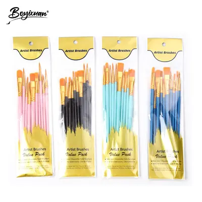 Grenzüberschreitende Amazon 10er Kunststoff-Langgriff Kinder-Kunsthandwerk DIY Ölfarben Nylon Gouache Acryl Set Pinsel