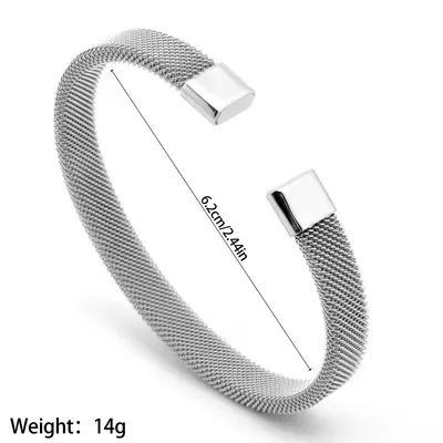 Cross-border European and American lightweight luxury stainless steel C-shaped mesh elastic open bangle bracelet, unisex, adjustable size
