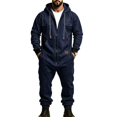 Erkek Ağır Kumaş Fermuarlı Haki İş Tulumu, Açık Hava Rahat Hip-Hop Tarzı