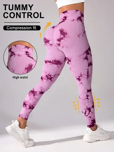 Women's Tie-Dye Yoga Leggings, High Waist, Quick-Dry, Peach Butt Lift - 12