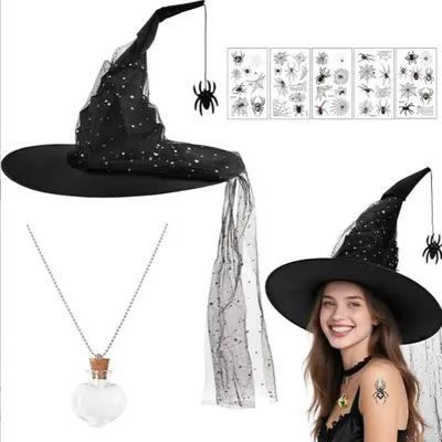 Halloween Black Pleated Mesh Witch Hat, Costume Accessory - 7