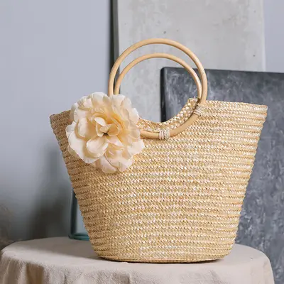 Woven Straw Women's Handbag with Wooden Handle, Pastoral Style