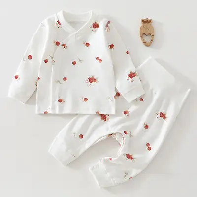 Pure Cotton Seamless Baby Set, Side Button, High-Waist Belly Protection, Two-Piece - 2