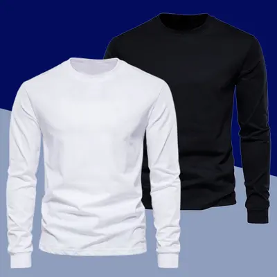 Men's White Long-Sleeve T-Shirt, Fleece-Lined, Pure Cotton