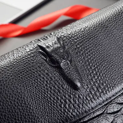 Crocodile Pattern Black Genuine Leather Men's Clutch Bag, Large Capacity - 3