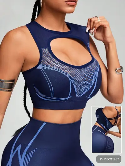 High-Support Sports Bra and Seamless Yoga Set with Padded Top and Mesh Leggings - 4