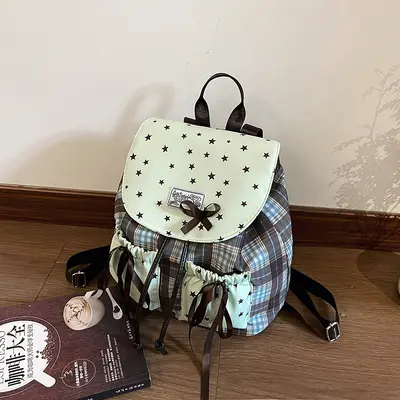 Kids Backpack Bow Design Mint Green Plaid Primary School Bag