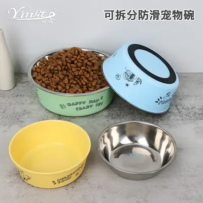 Stainless Steel Pet Non-Slip Bowl Dog Food Bowl Anti-Tip Dog Feeding Bowl Water Bowl 2-in-1 Double Dog Bowl