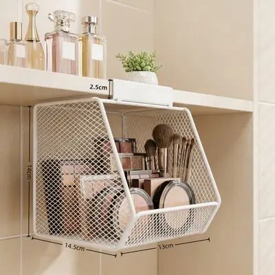 Wall-Mounted Hole-Free Vanity Organizer Rack with Wrought Iron Wire Basket - 8