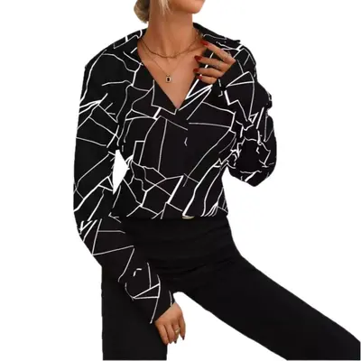Women's Loose Line Print V-Neck Long Sleeve Shirt