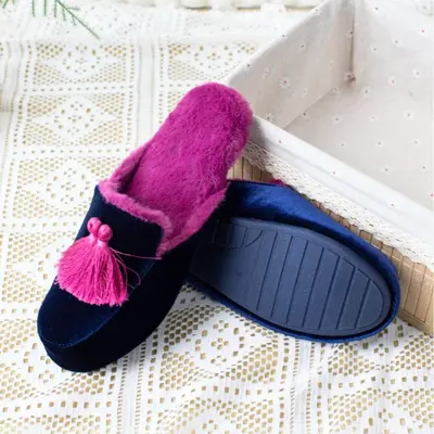 Princess-Style Hand-Stitched Tassel Velvet House Slippers, High Heel, Closed Toe