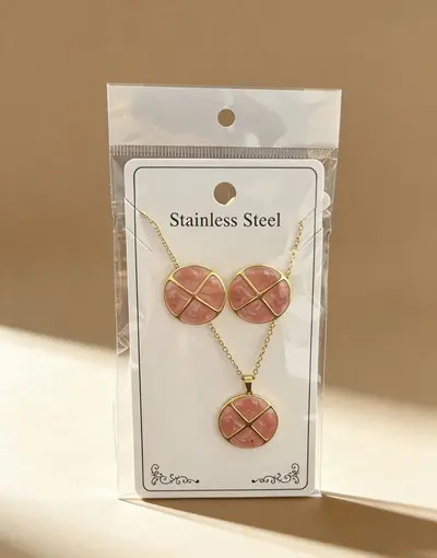 Flower and Water Drop Enamel Earring and Necklace Set, Stainless Steel - 9