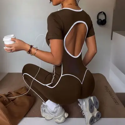 Color-blocking one-piece yoga suit, high-waist, backless - 8