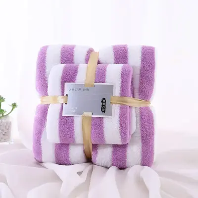 Coral fleece towel set, wide stripe, strong water absorption - 9