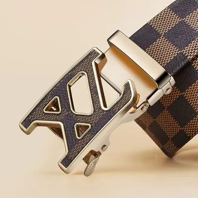 Men's automatic buckle belt, trousers belt, leather belt, plaid belt, lettered buckle belt