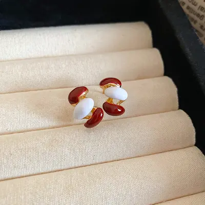 Kırmızı damla sırı inci küpe, vintage tasarım - 7