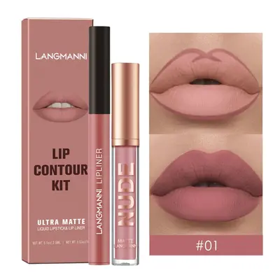 Langmanni 1+1 Matte Lip Gloss and Lip Liner Set, 2 Pieces, Non-Transfer