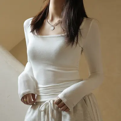 Modal Black Long Sleeve Women's T-Shirt, Low Collar, Korean Style, Autumn Winter 2025 - 8