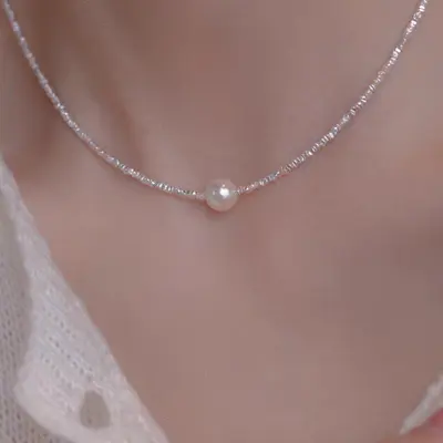 Silber-Perlenhalsband für Damen, verbrauchtes Silber, verstellbare Kette