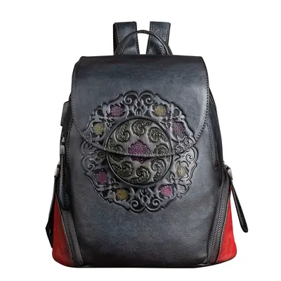 Cowhide Backpack, Embossed, Retro Chinese Style - 9