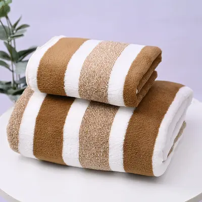 跨境条纹珊瑚绒毛巾大浴巾方巾8件套装柔软吸水宽条洗脸毛巾towel - 9
