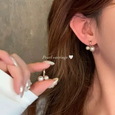 Dual pearl ear studs, circle earrings - 7