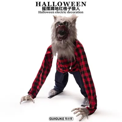 Halloween-Werwolf-Dekoration, auf dem Boden kauernd, Gruselhaus-Garten, motorisiert, mit Licht und Ton, gruselige Atmosphäre Dekoration
