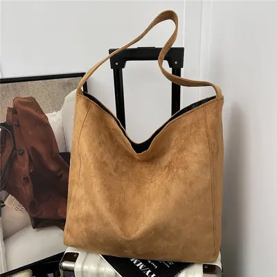 Suede-Look Women's Bag Large Capacity Leopard Print Retro Single Shoulder Bag - 2