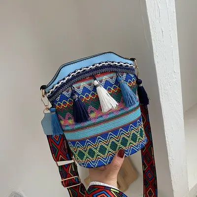 Ethnic Style Tassel Woven Bucket Bag, Women's Single Shoulder Bag - 8