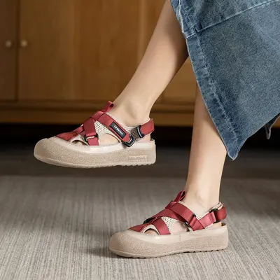Retro Genuine Leather Mesh Women's Sandals, Cowhide Upper